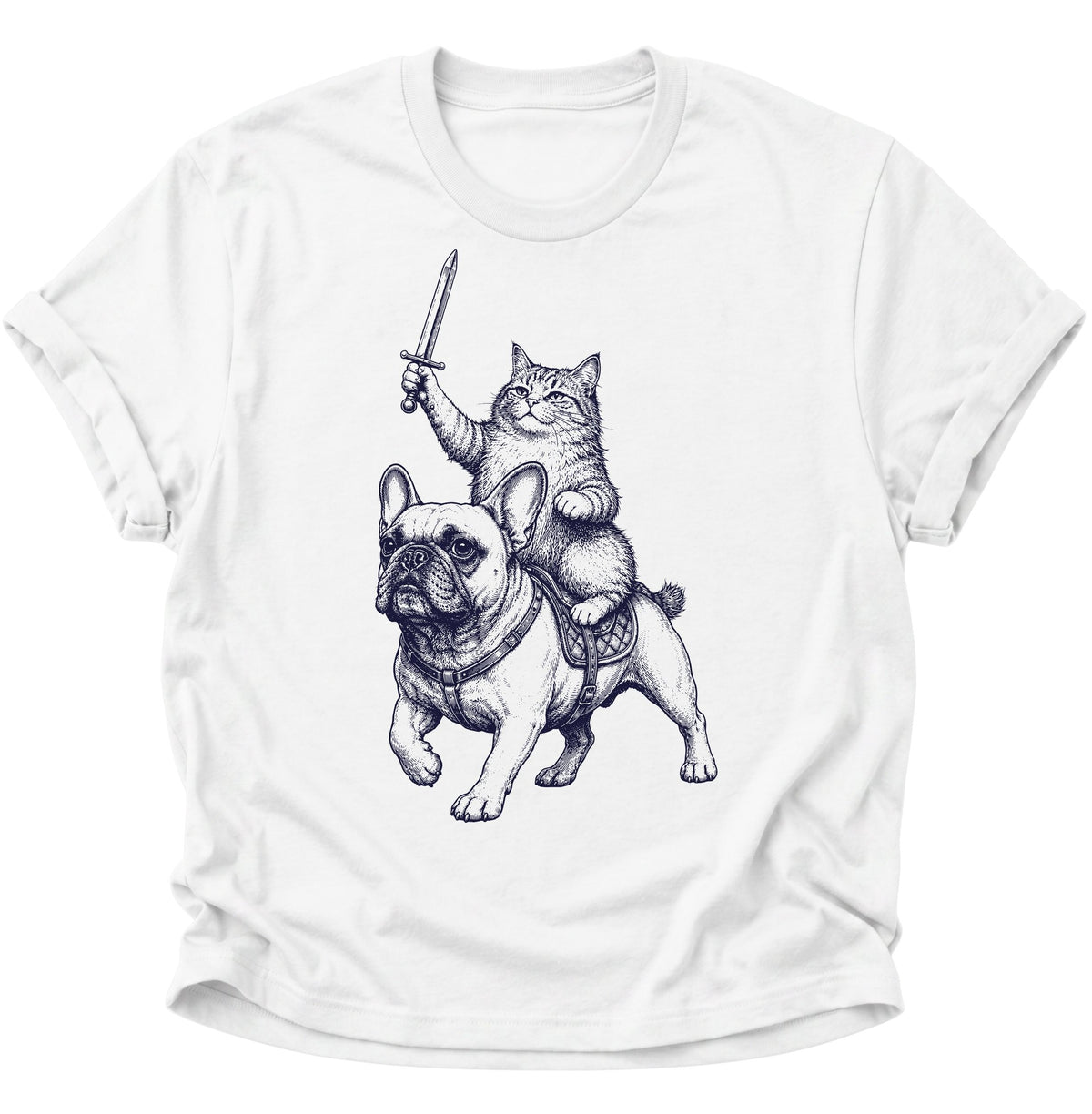 Katzenritter auf Bulldogge Unisex T-Shirt Weiß - PINE & RIVER