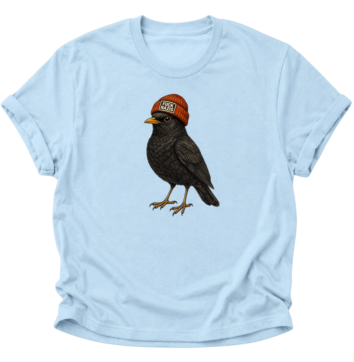 Amsel mit Mütze "Fuck Nazis" Unisex T-Shirt Light Blue - PINE & RIVER