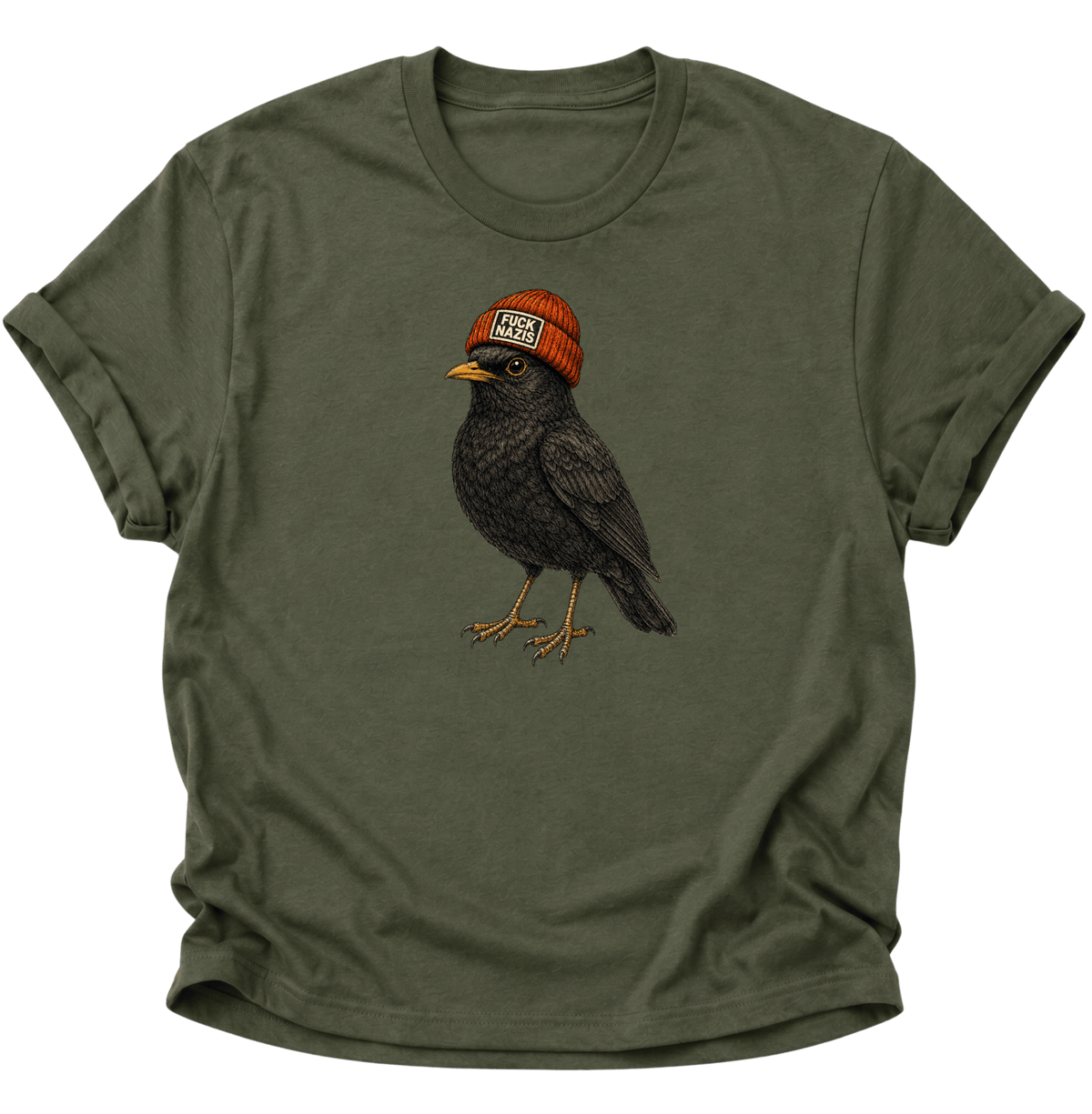 Amsel mit Mütze "Fuck Nazis" Unisex T-Shirt Military Green - PINE & RIVER