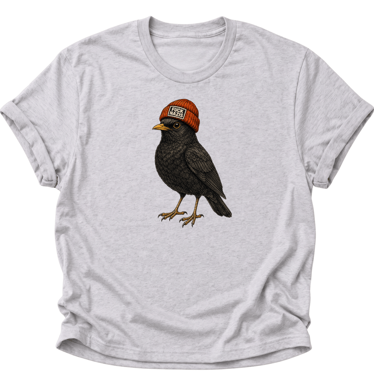Amsel mit Mütze "Fuck Nazis" Unisex T-Shirt Ash Grey - PINE & RIVER