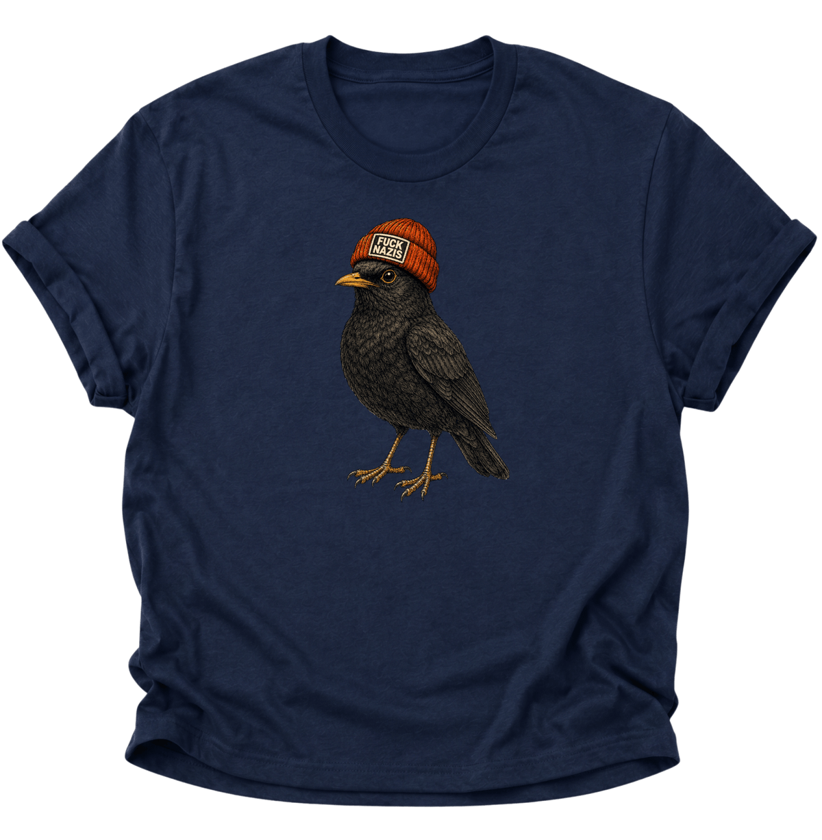 Amsel mit Mütze "Fuck Nazis" Unisex T-Shirt Navy Blue - PINE & RIVER