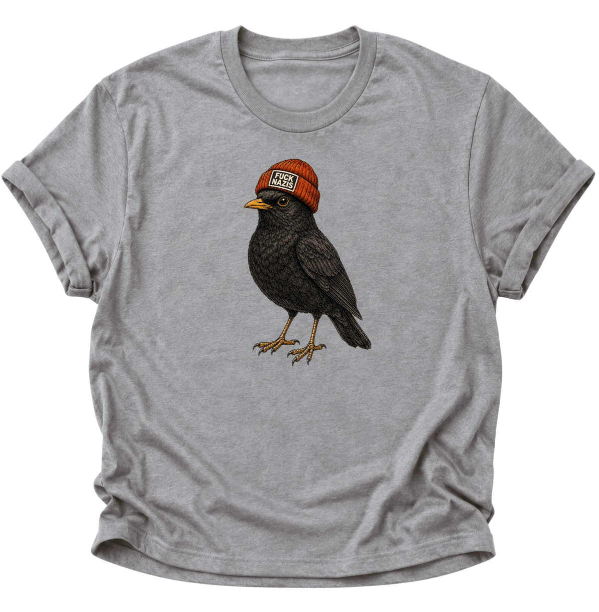 Amsel mit Mütze "Fuck Nazis" Unisex T-Shirt Sport Grey - PINE & RIVER