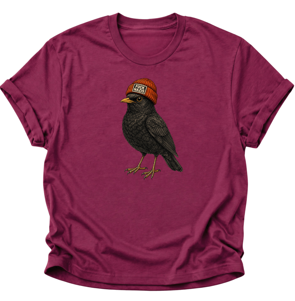 Amsel mit Mütze "Fuck Nazis" Unisex T-Shirt Cardinal Red - PINE & RIVER