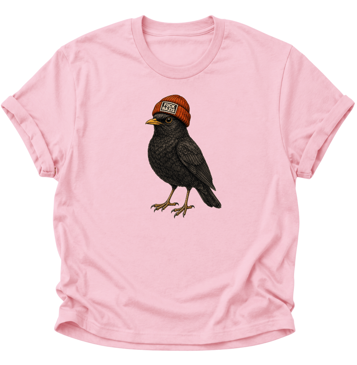 Amsel mit Mütze "Fuck Nazis" Unisex T-Shirt Light Pink - PINE & RIVER