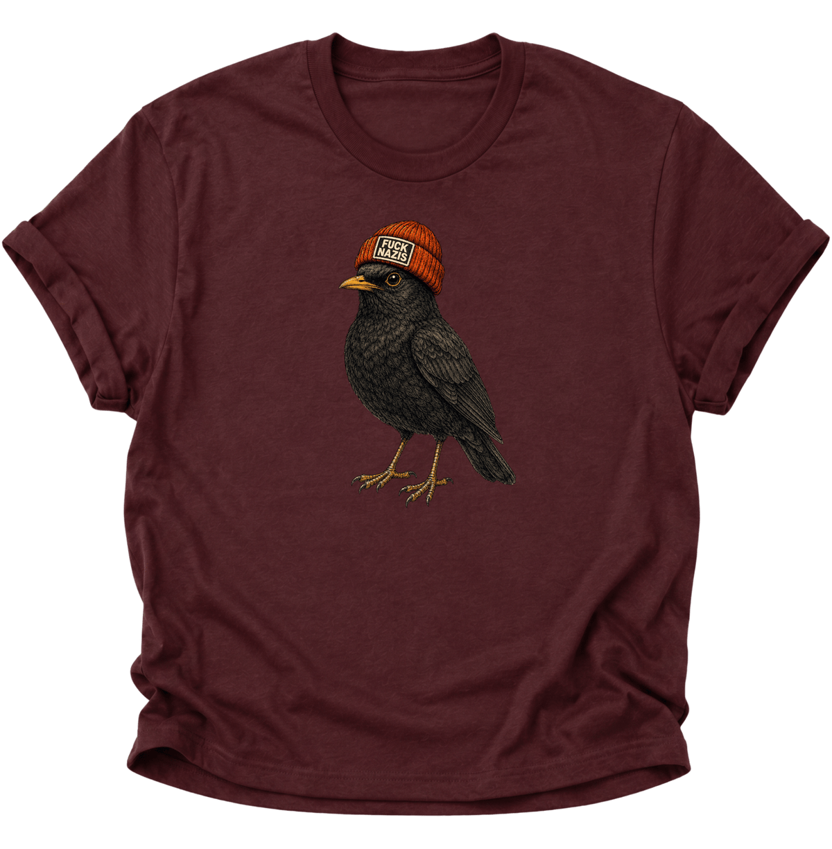 Amsel mit Mütze "Fuck Nazis" Unisex T-Shirt Maroon - PINE & RIVER