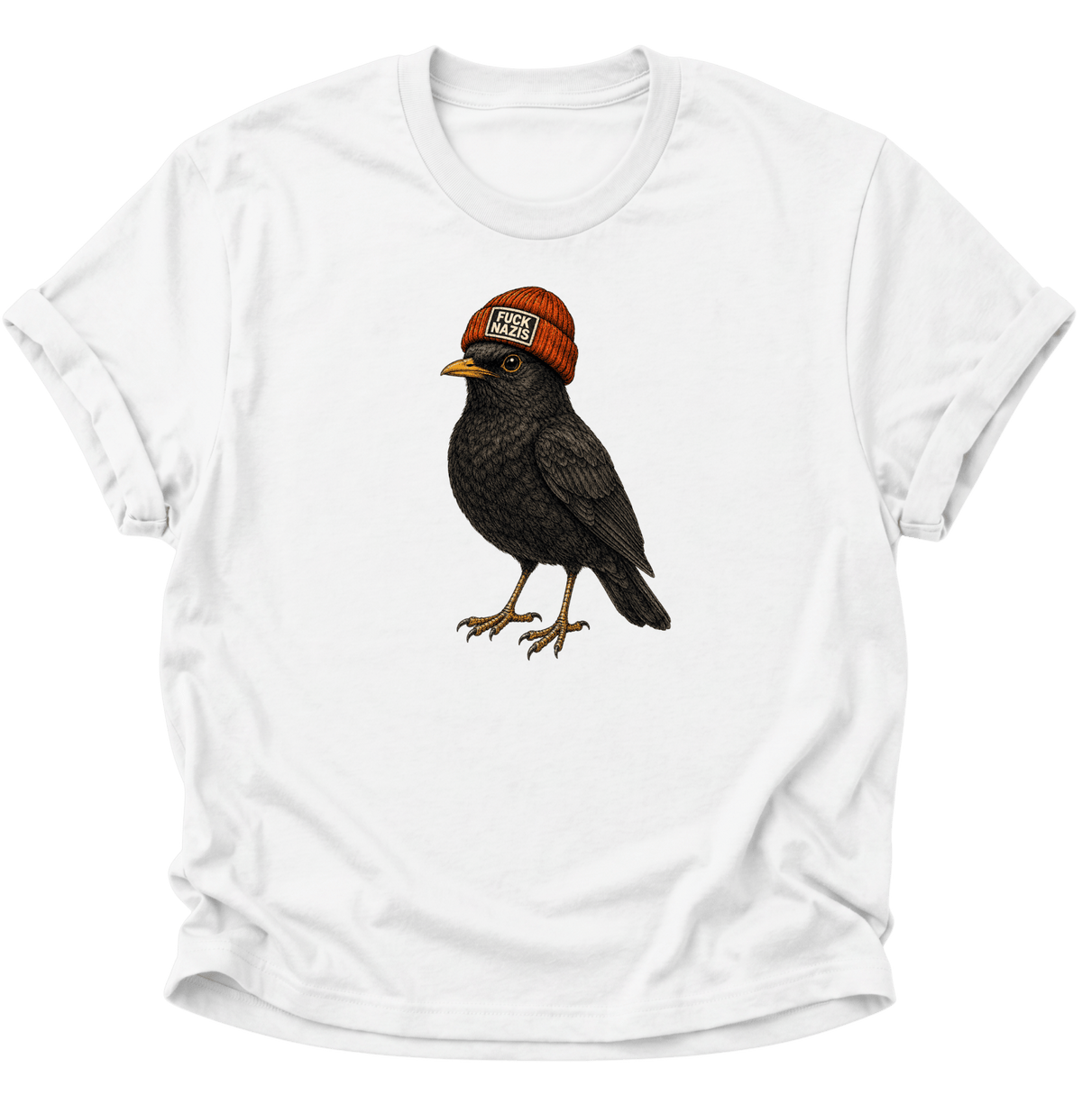 Amsel mit Mütze "Fuck Nazis" Unisex T-Shirt Weiß - PINE & RIVER
