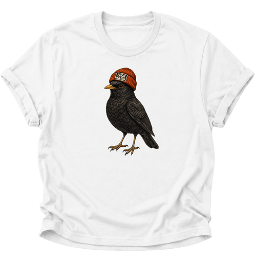 Amsel mit Mütze "Fuck Nazis" Unisex T-Shirt Weiß - PINE & RIVER
