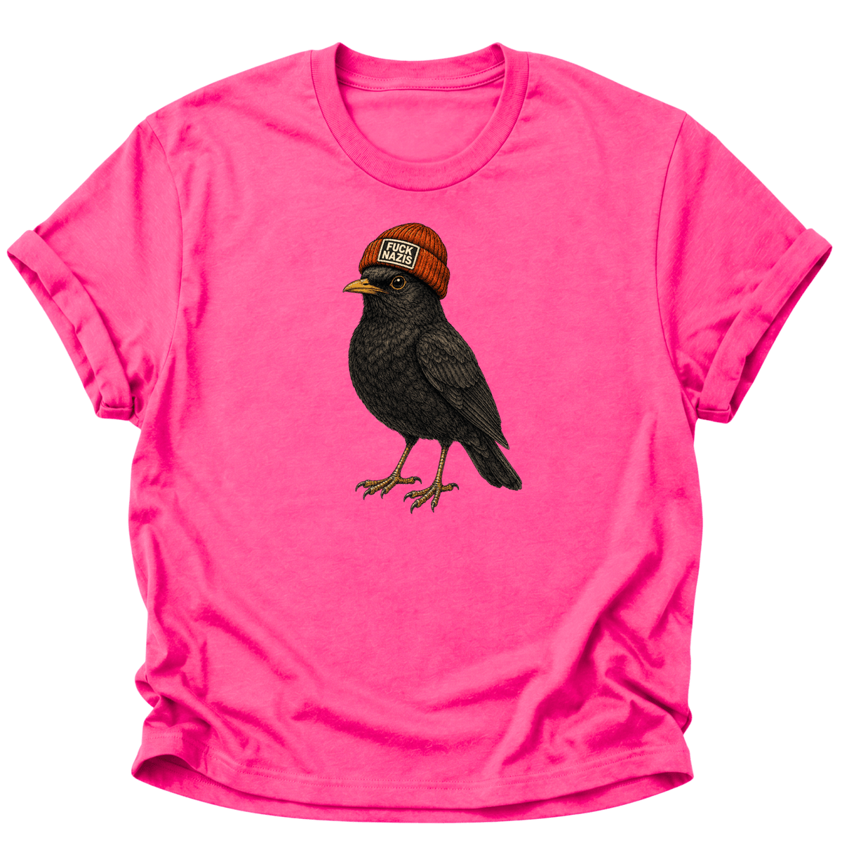 Amsel mit Mütze "Fuck Nazis" Unisex T-Shirt Heliconia - PINE & RIVER