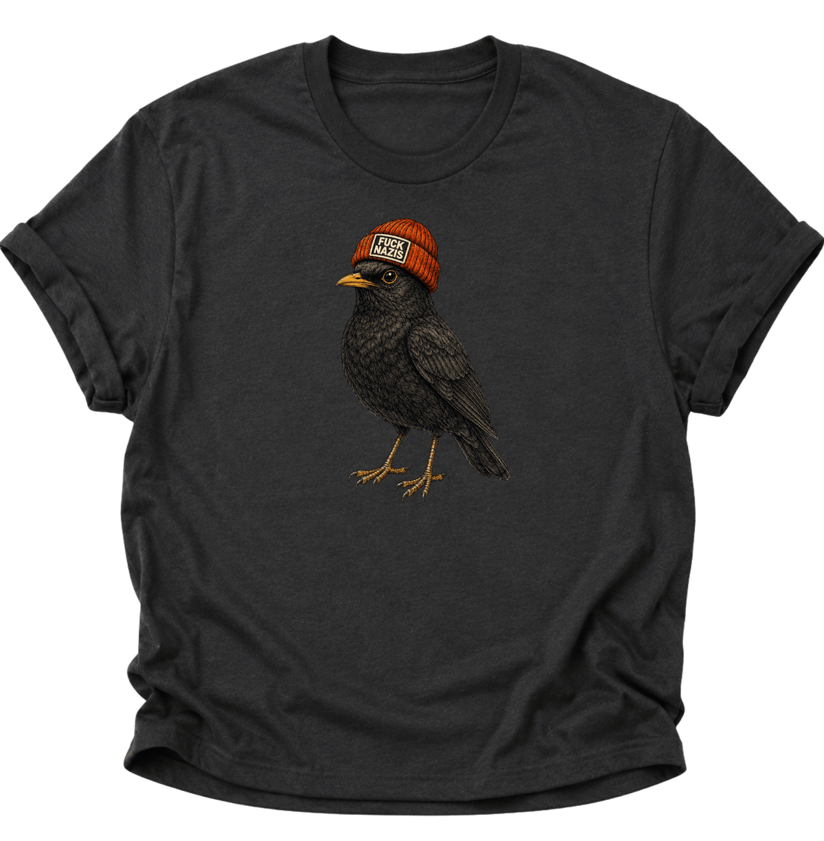 Amsel mit Mütze "Fuck Nazis" Unisex T-Shirt Schwarz - PINE & RIVER