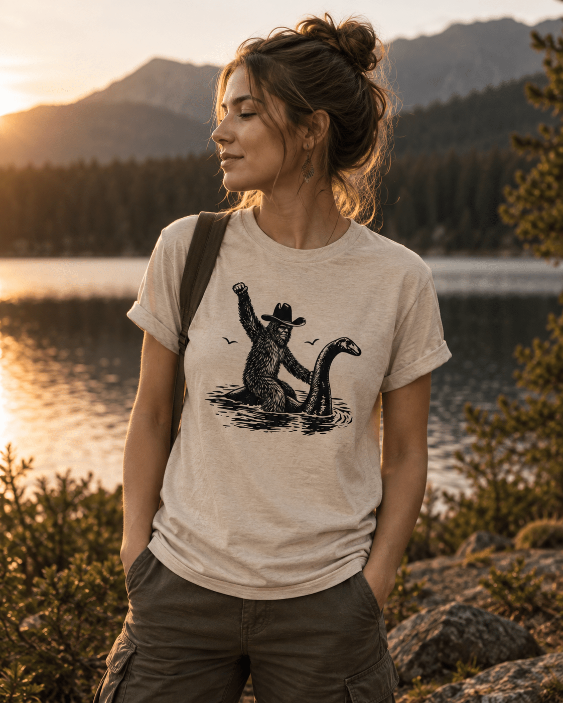 Bigfoot reitet Nessie Unisex T-Shirt Weiß - PINE & RIVER