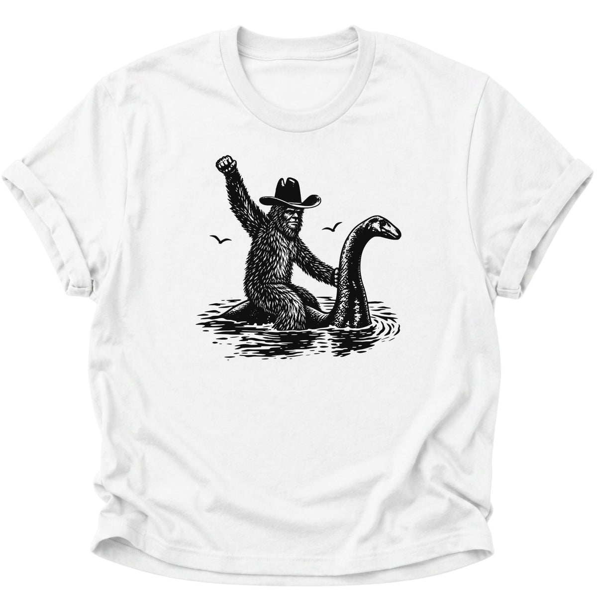 Bigfoot reitet Nessie Unisex T-Shirt Weiß - PINE & RIVER