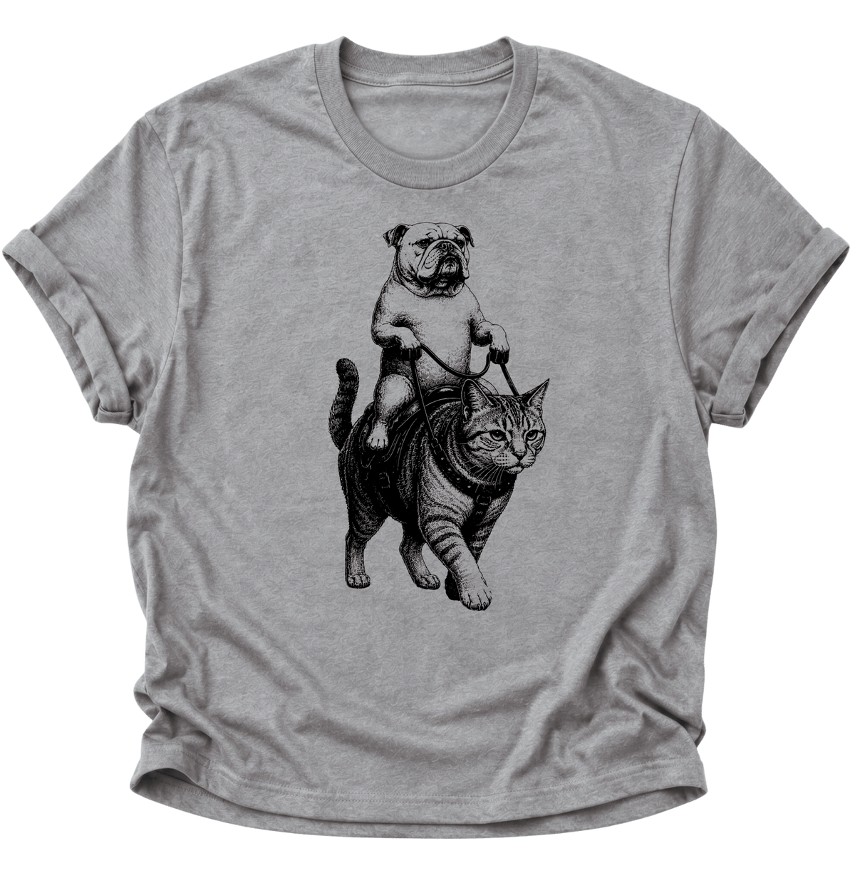 Bulldogge Reitet Katze Unisex T-Shirt Sport Grey - PINE & RIVER