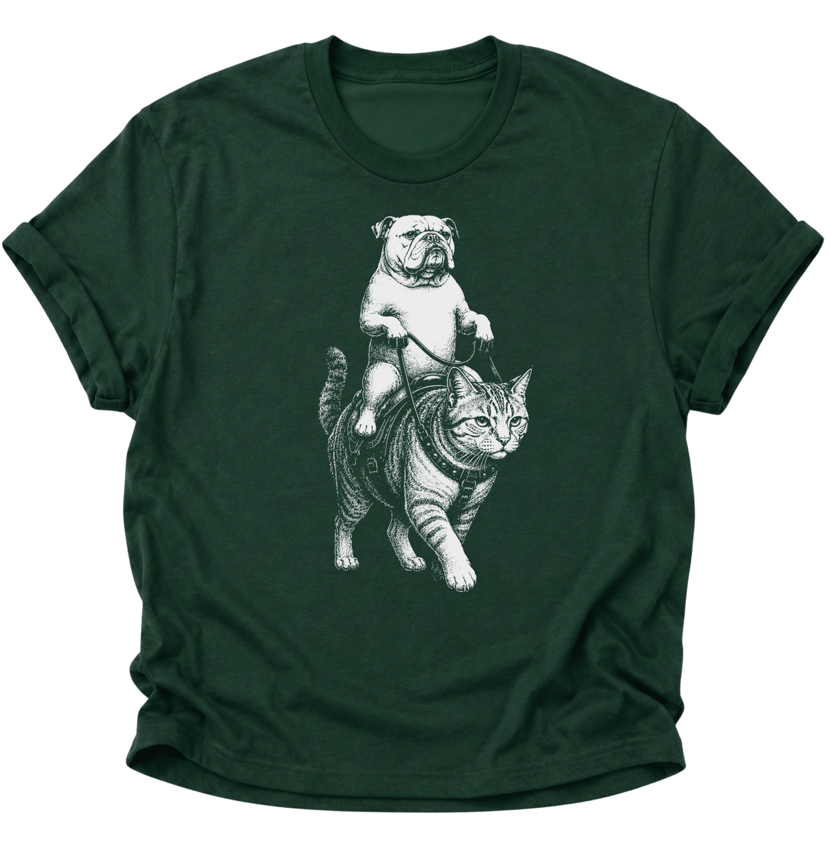 Bulldogge Reitet Katze Unisex T-Shirt Forest Green - PINE & RIVER