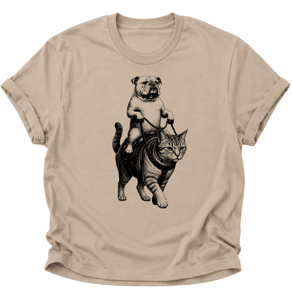 Bulldogge Reitet Katze Unisex T-Shirt Sand - PINE & RIVER