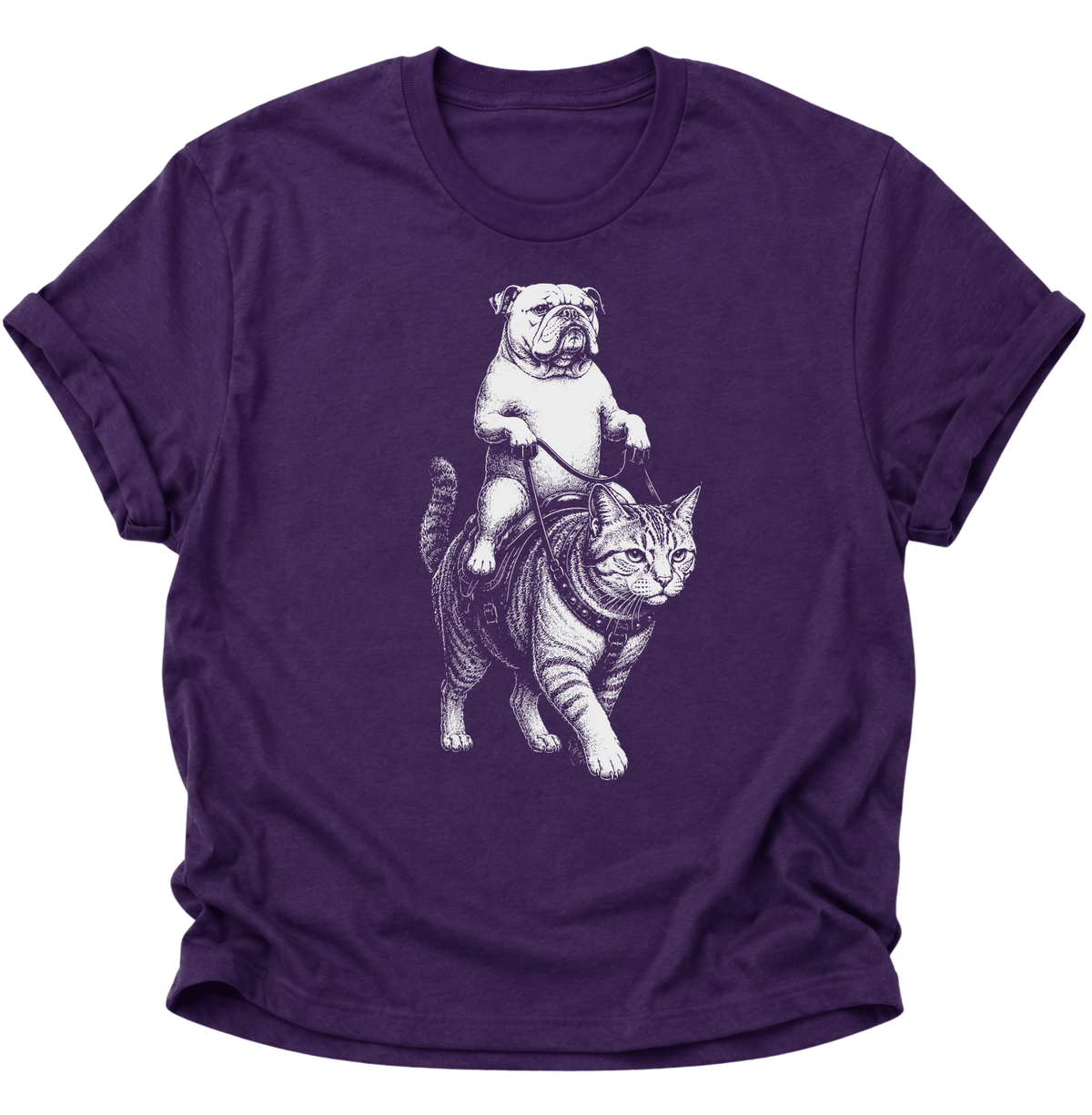 Bulldogge Reitet Katze Unisex T-Shirt Purple - PINE & RIVER