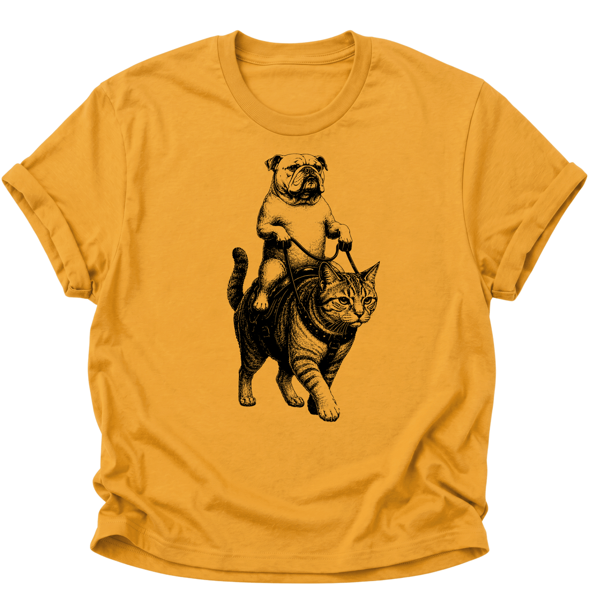 Bulldogge Reitet Katze Unisex T-Shirt Gelb - PINE & RIVER