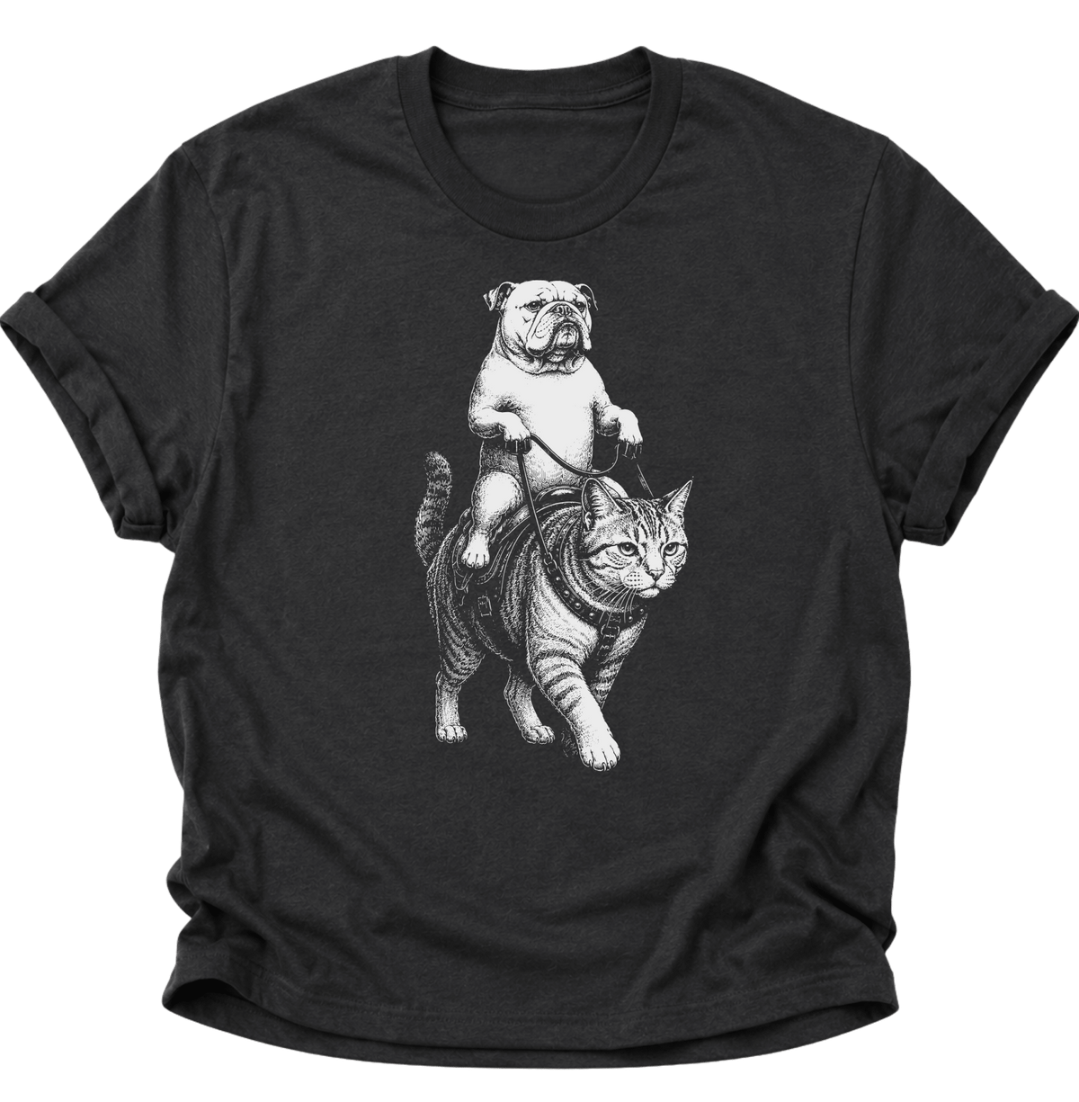 Bulldogge Reitet Katze Unisex T-Shirt Schwarz - PINE & RIVER