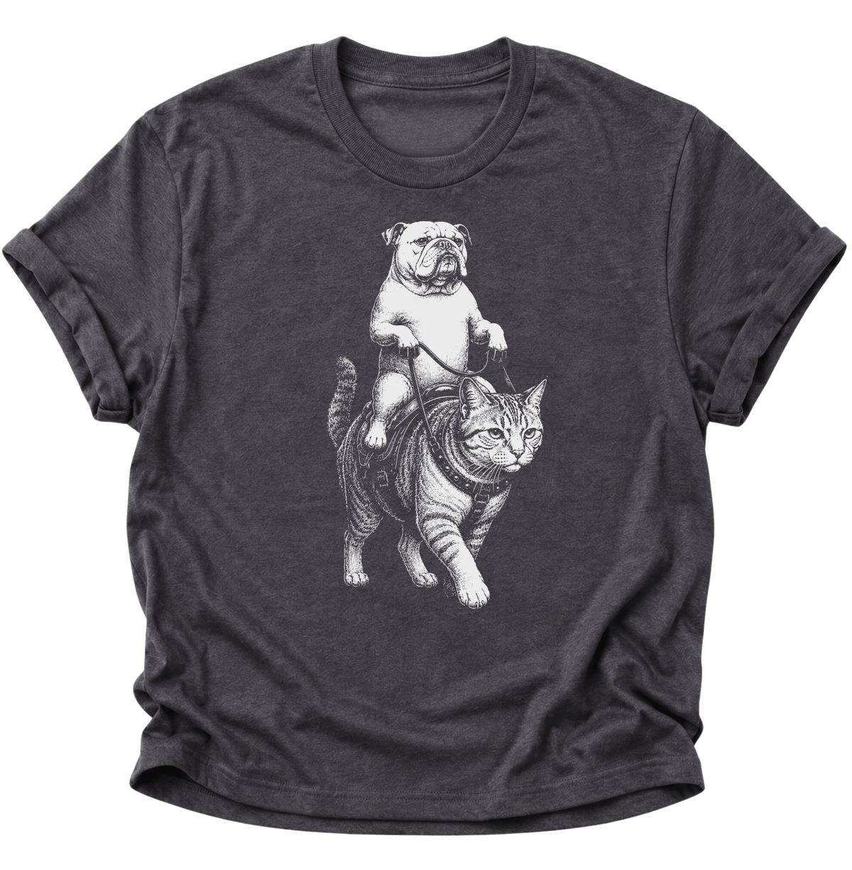Bulldogge Reitet Katze Unisex T-Shirt Dark Heather - PINE & RIVER