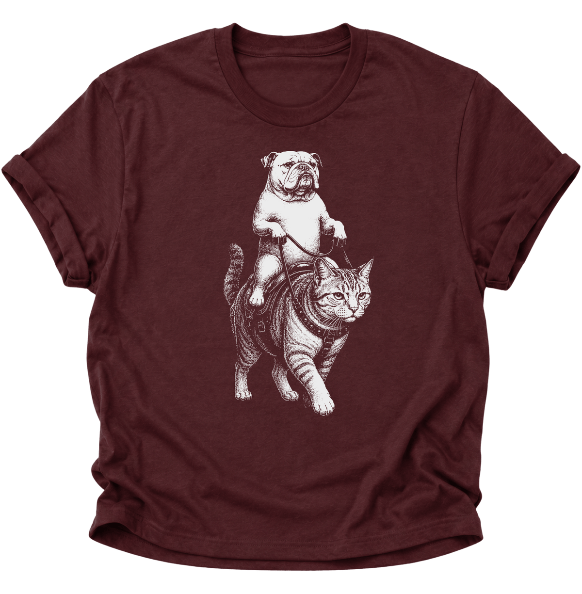 Bulldogge Reitet Katze Unisex T-Shirt Maroon - PINE & RIVER