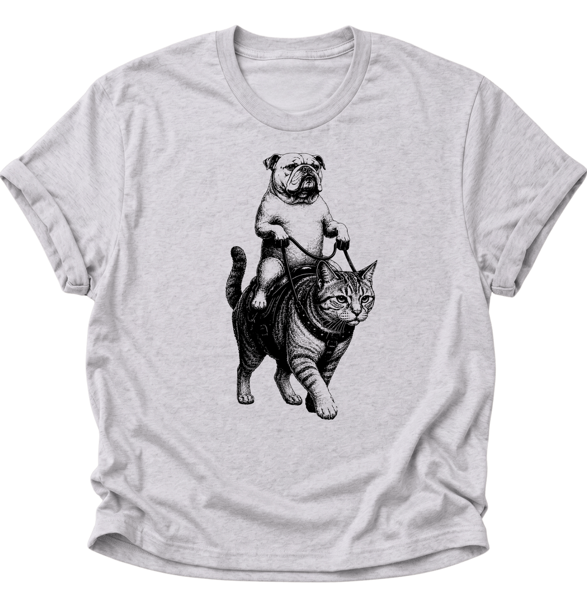 Bulldogge Reitet Katze Unisex T-Shirt Ash Grey - PINE & RIVER