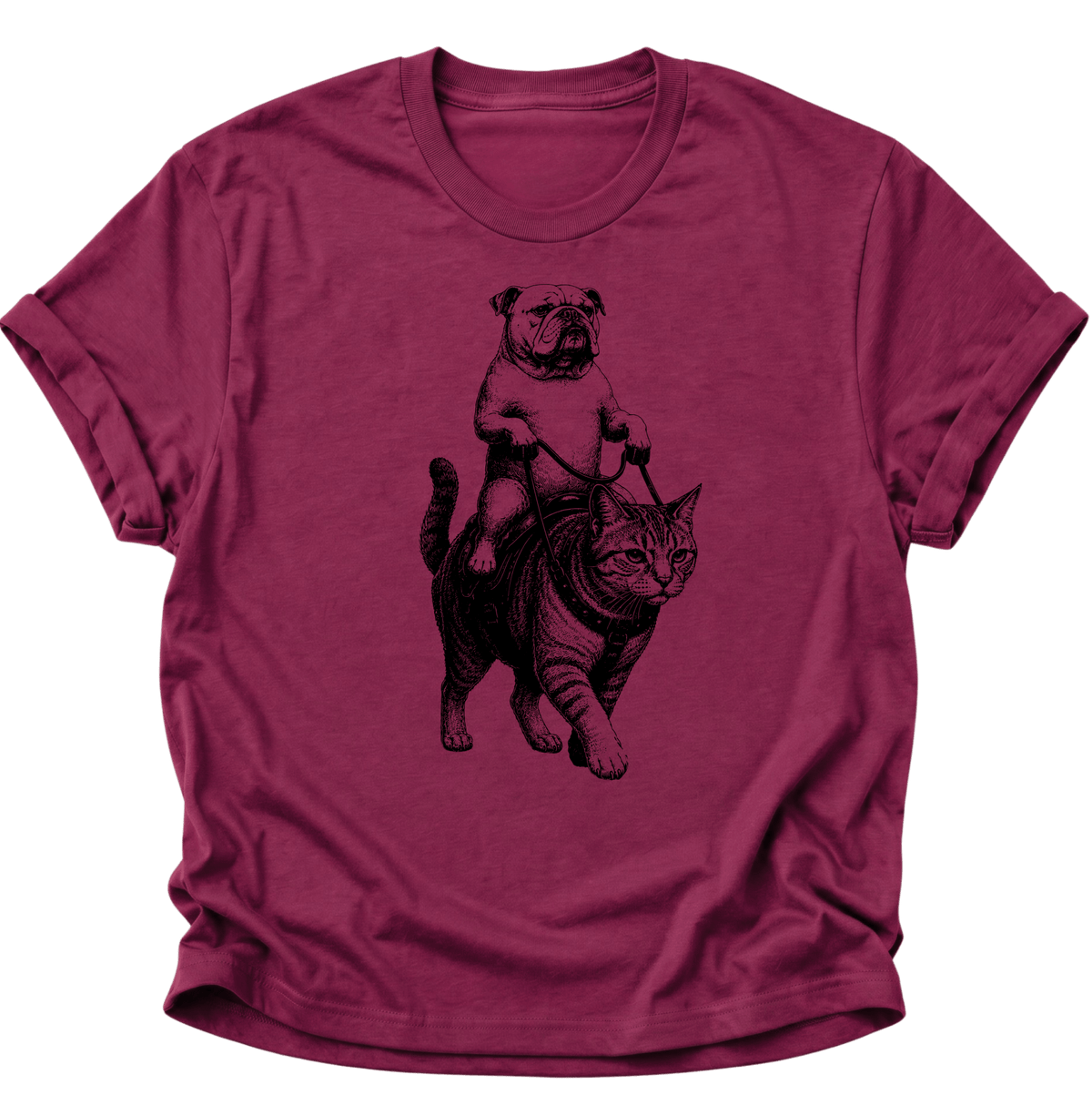Bulldogge Reitet Katze Unisex T-Shirt Cardinal Red - PINE & RIVER