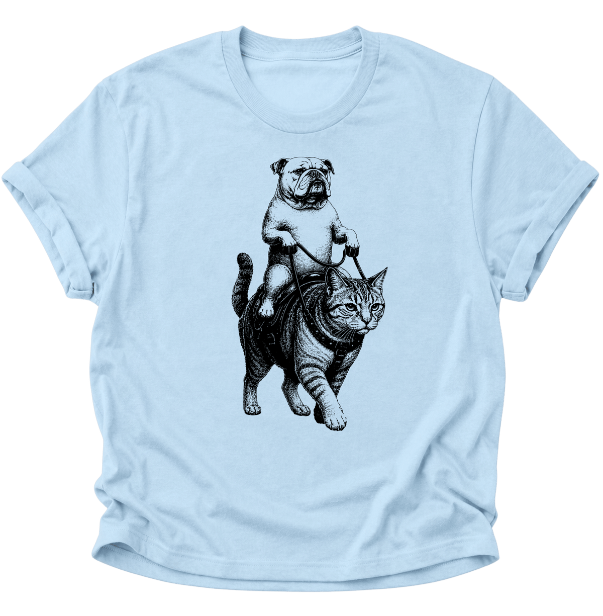Bulldogge Reitet Katze Unisex T-Shirt Light Blue - PINE & RIVER