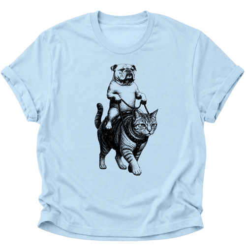 Bulldogge Reitet Katze Unisex T-Shirt Light Blue - PINE & RIVER
