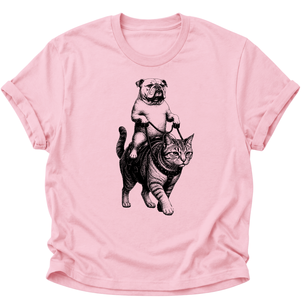 Bulldogge Reitet Katze Unisex T-Shirt Light Pink - PINE & RIVER