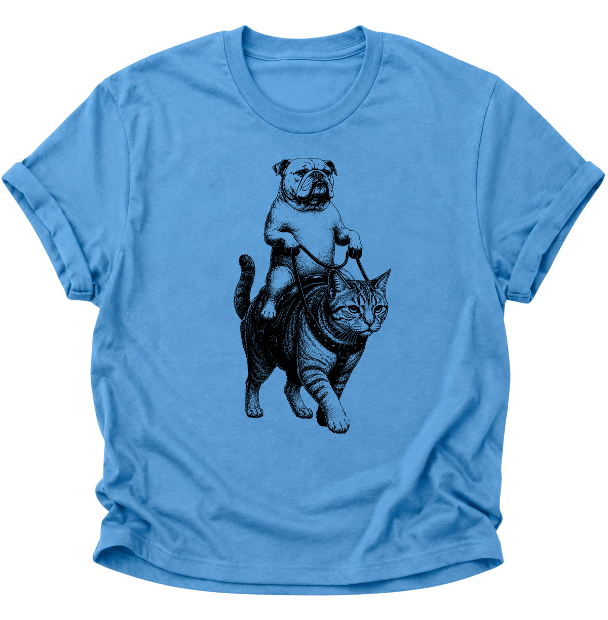 Bulldogge Reitet Katze Unisex T-Shirt Carolina Blue - PINE & RIVER