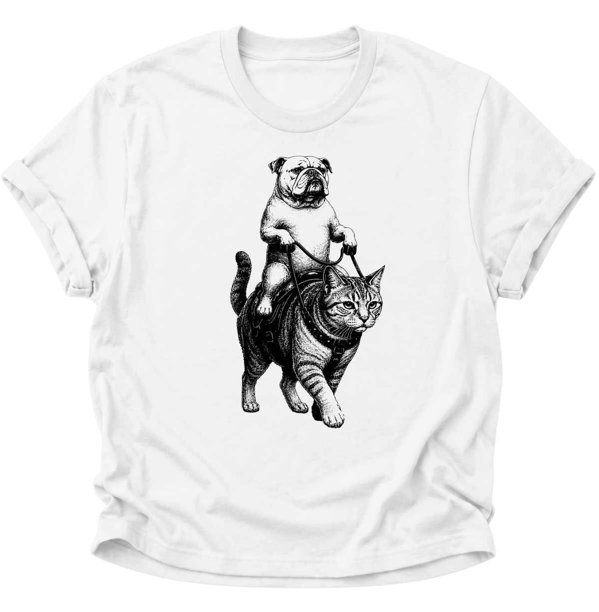 Bulldogge Reitet Katze Unisex T-Shirt Weiß - PINE & RIVER