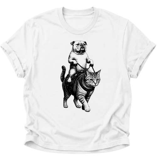 Bulldogge Reitet Katze Unisex T-Shirt Weiß - PINE & RIVER