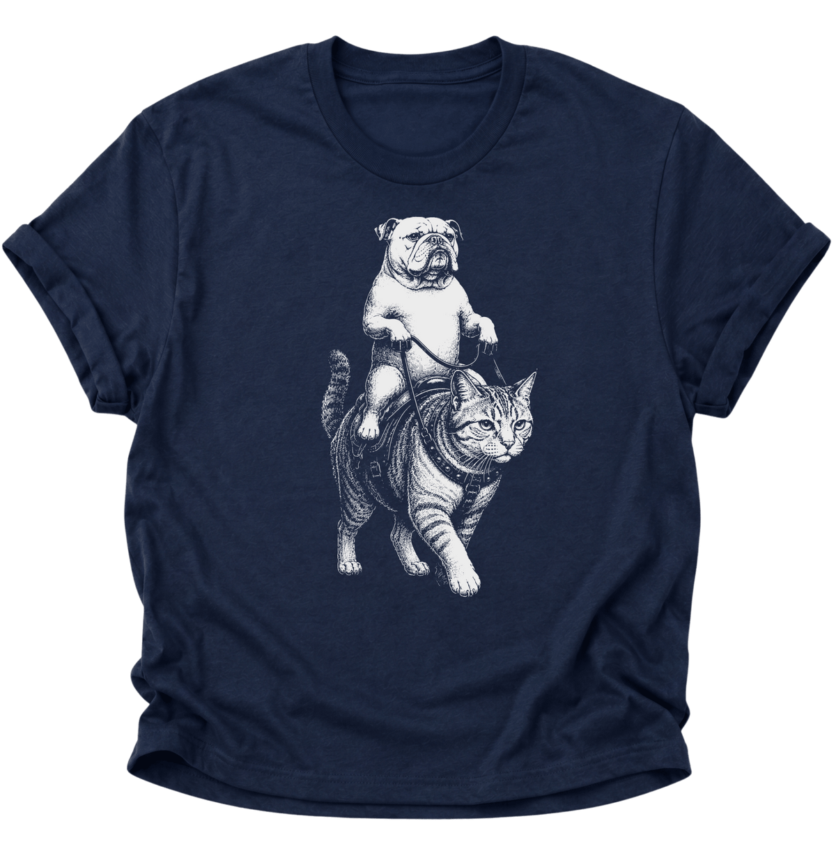 Bulldogge Reitet Katze Unisex T-Shirt Navy Blue - PINE & RIVER