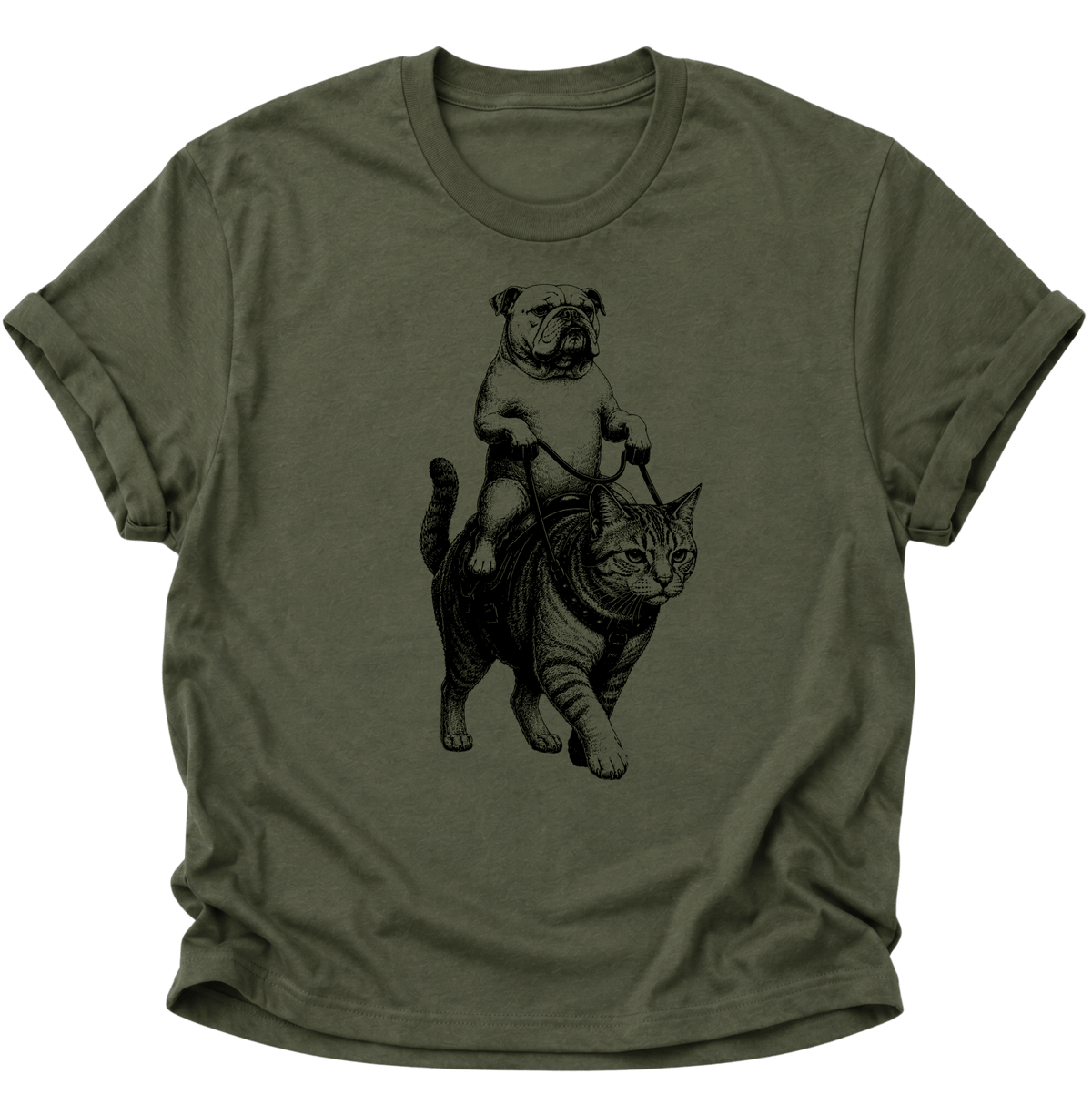 Bulldogge Reitet Katze Unisex T-Shirt Military Green - PINE & RIVER