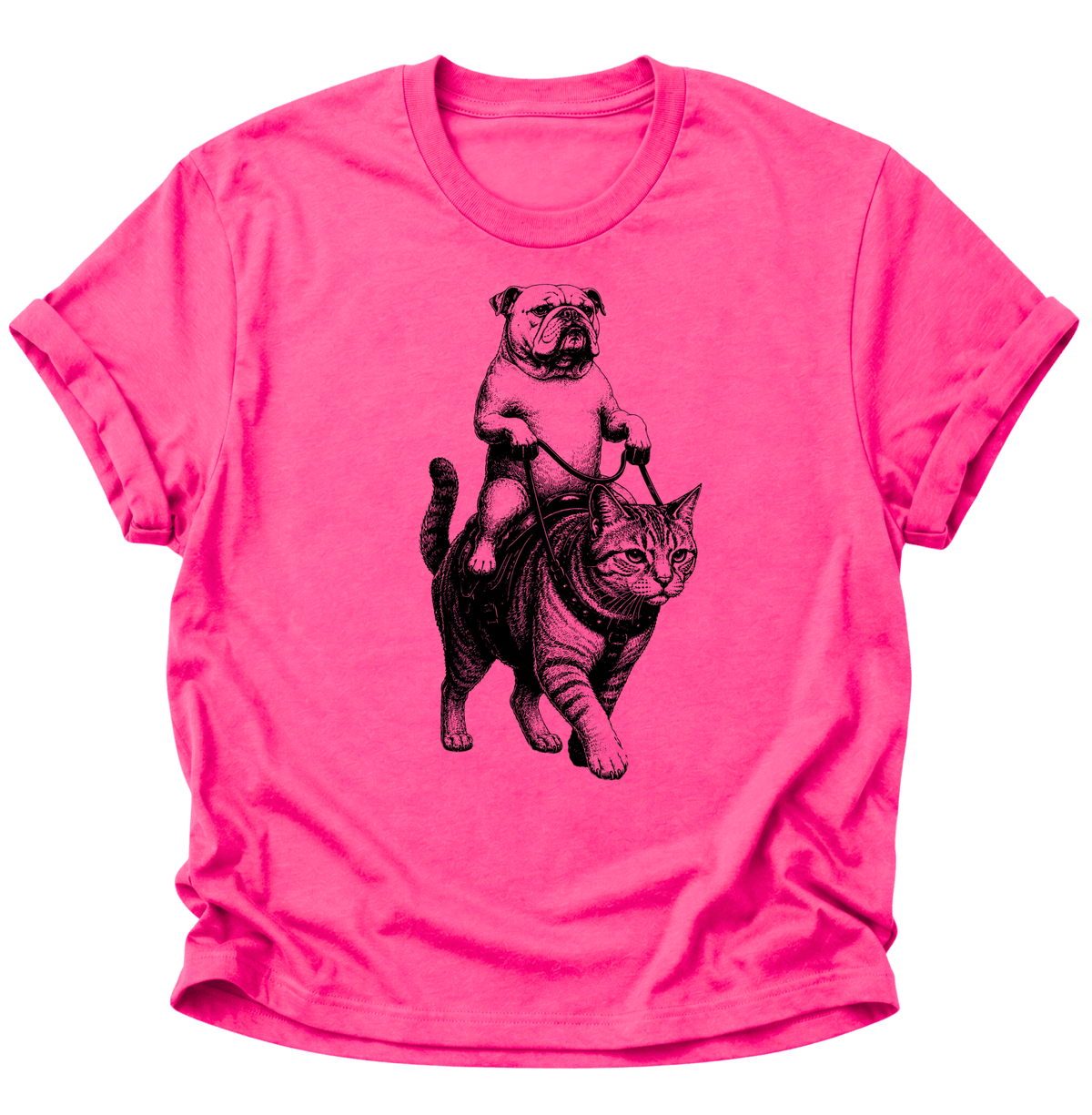 Bulldogge Reitet Katze Unisex T-Shirt Heliconia - PINE & RIVER
