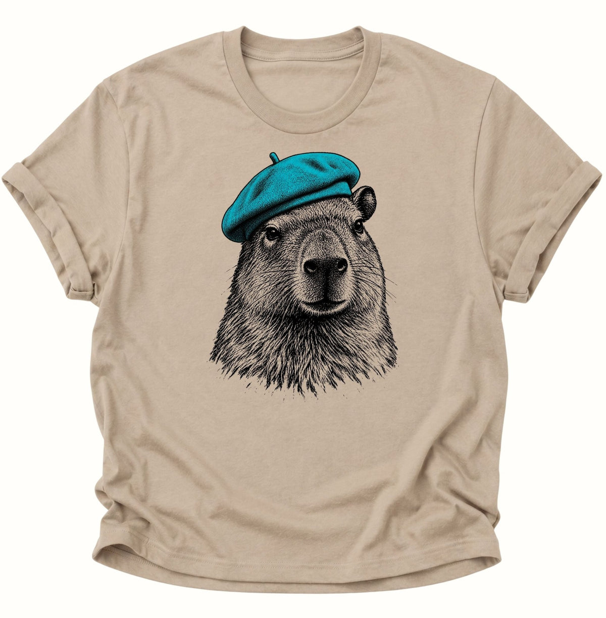 Capybara mit Baskenmütze Unisex T-Shirt Sand - PINE & RIVER