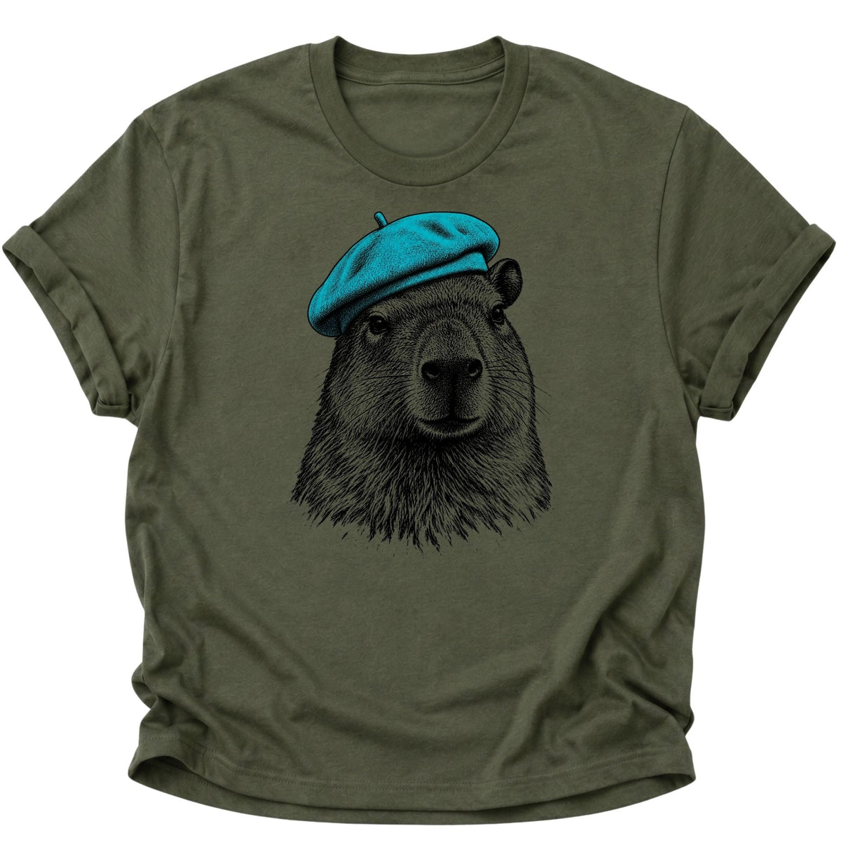 Capybara mit Baskenmütze Unisex T-Shirt Military Green - PINE & RIVER