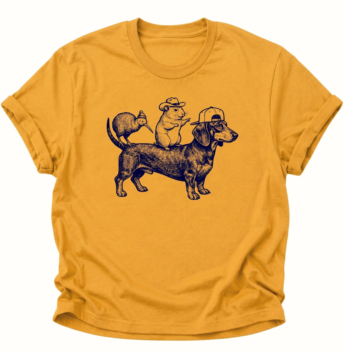 Dackel Gang mit Meerschweinchen & Kiwi Unisex T-Shirt Gelb - PINE & RIVER