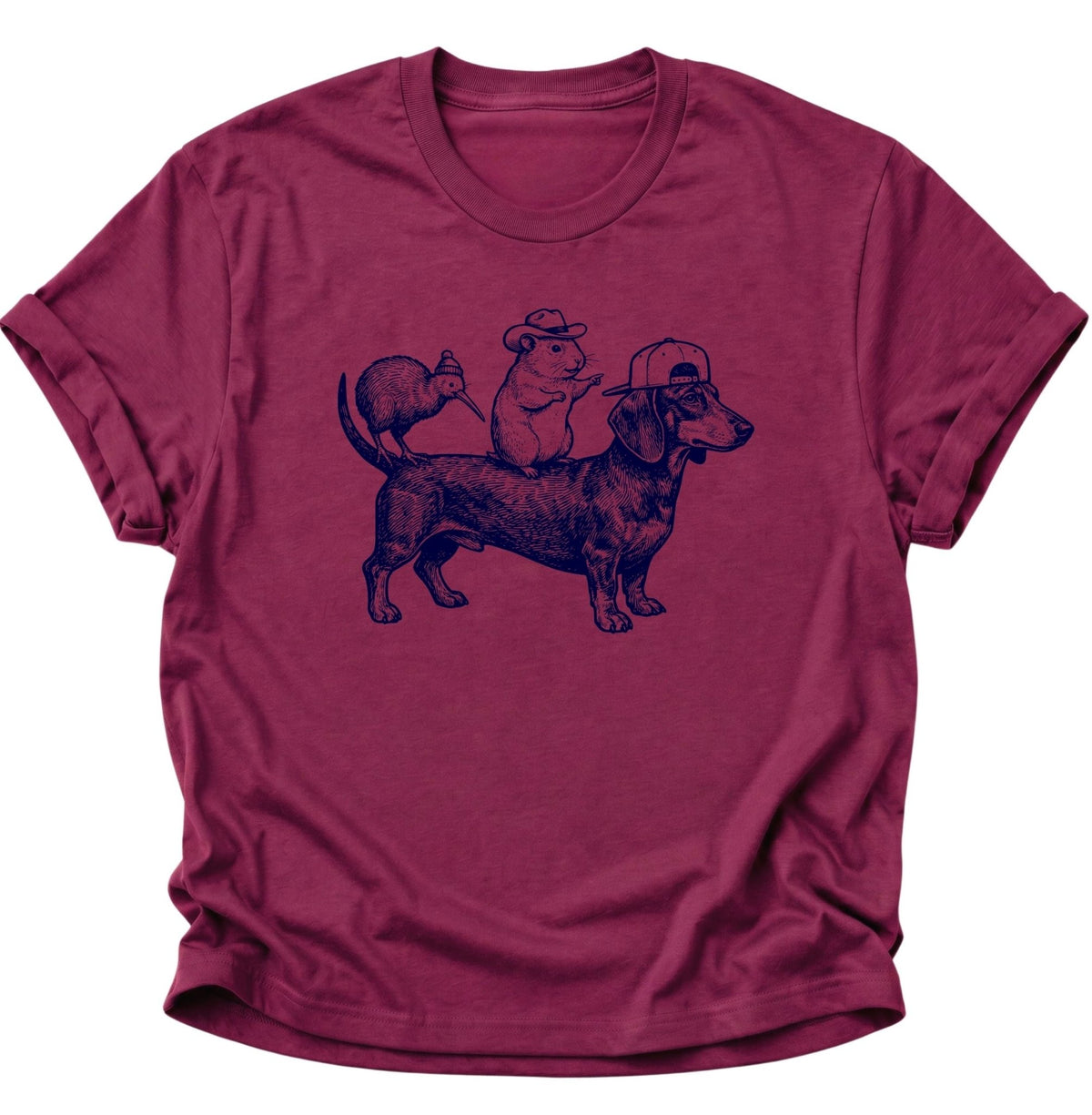 Dackel Gang mit Meerschweinchen & Kiwi Unisex T-Shirt Cardinal Red - PINE & RIVER