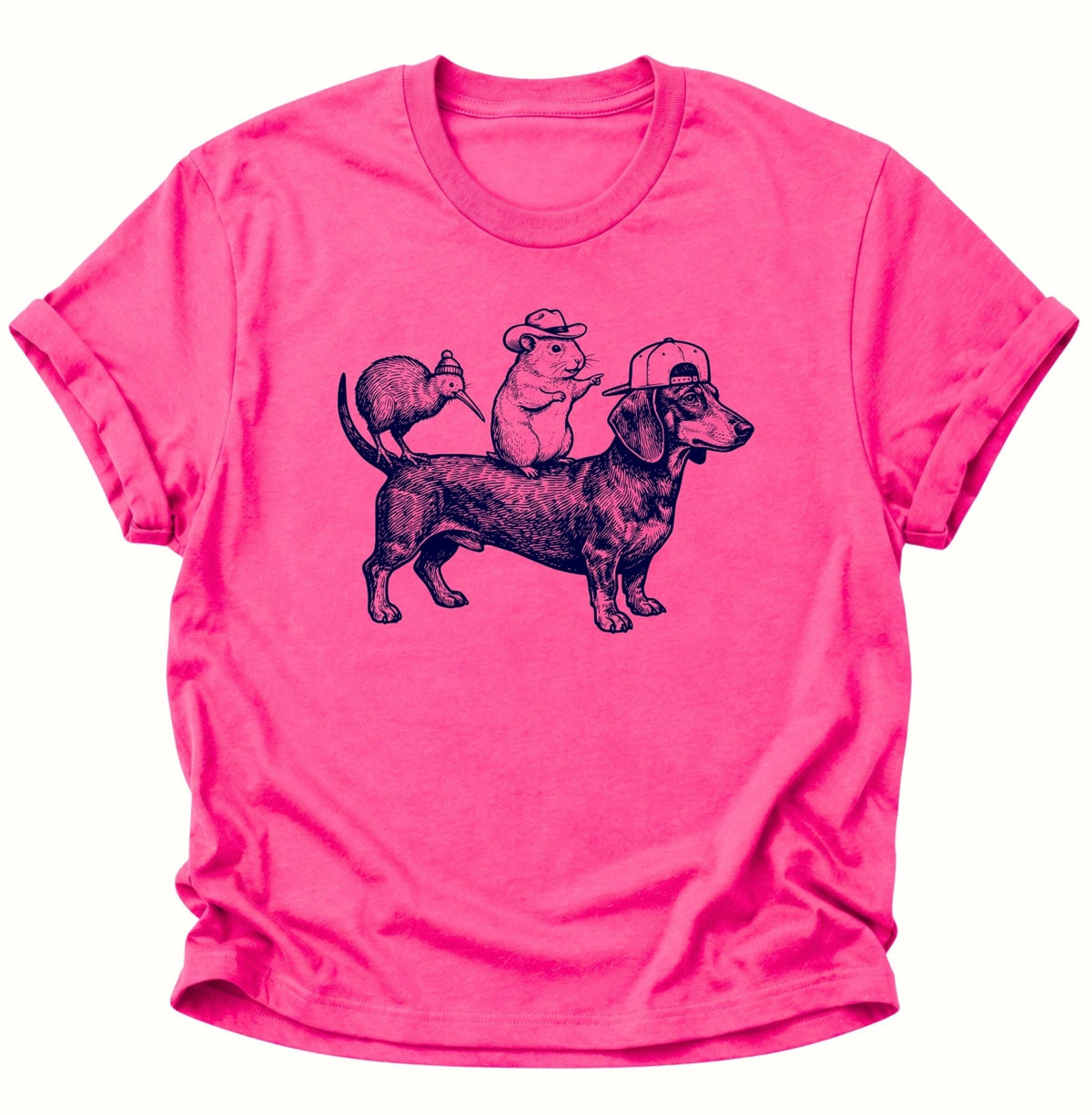 Dackel Gang mit Meerschweinchen & Kiwi Unisex T-Shirt Heliconia - PINE & RIVER