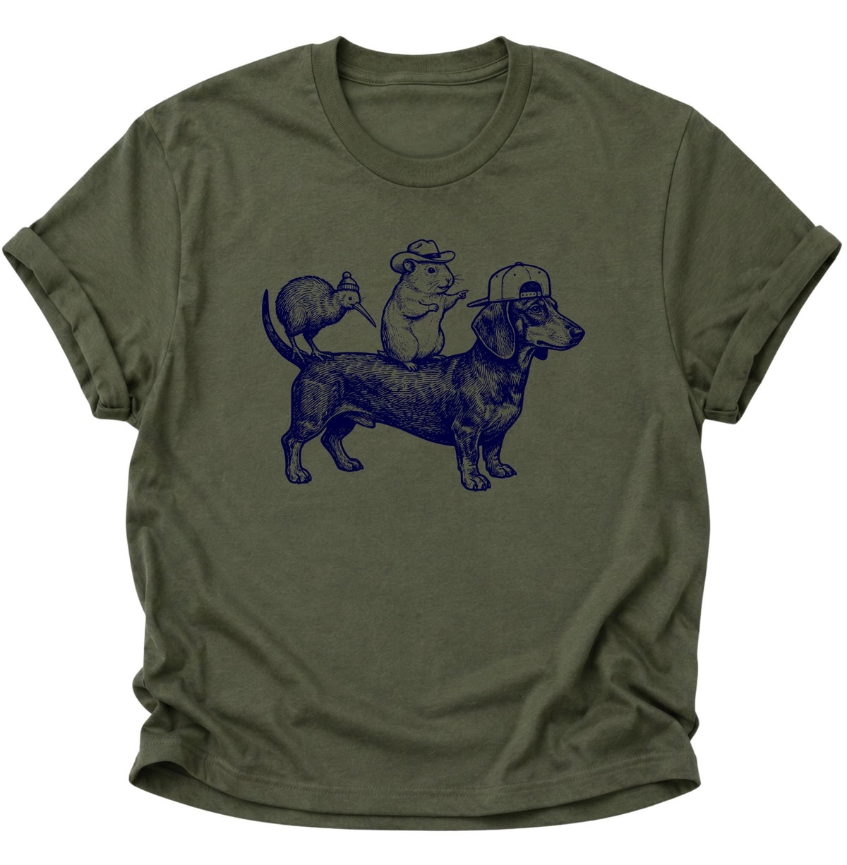 Dackel Gang mit Meerschweinchen & Kiwi Unisex T-Shirt Military Green - PINE & RIVER