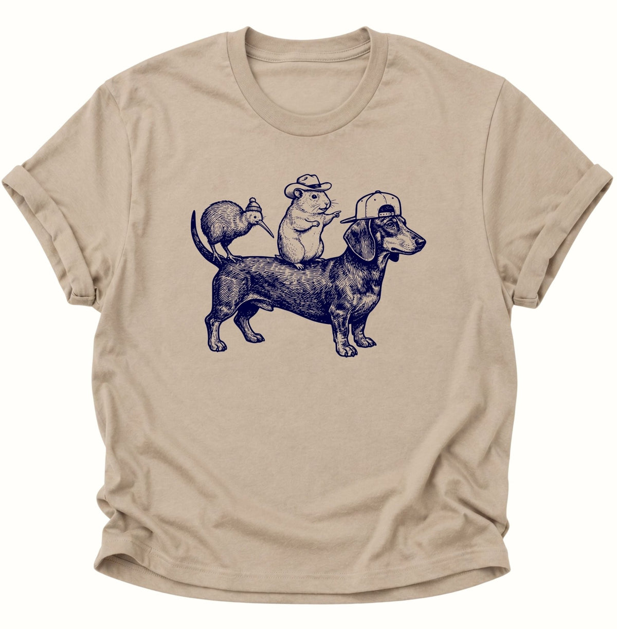 Dackel Gang mit Meerschweinchen & Kiwi Unisex T-Shirt Sand - PINE & RIVER