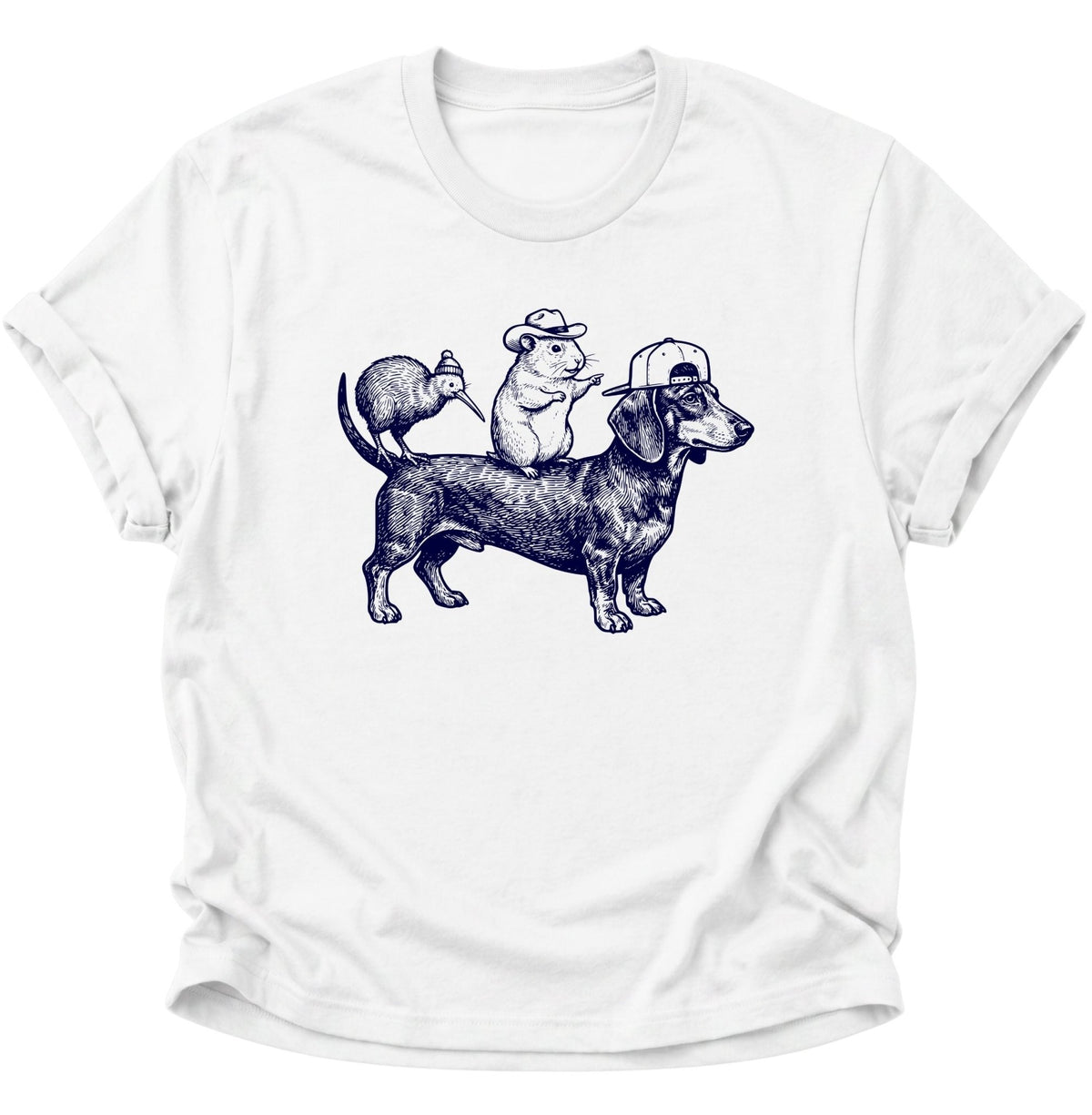 Dackel Gang mit Meerschweinchen & Kiwi Unisex T-Shirt Weiß - PINE & RIVER