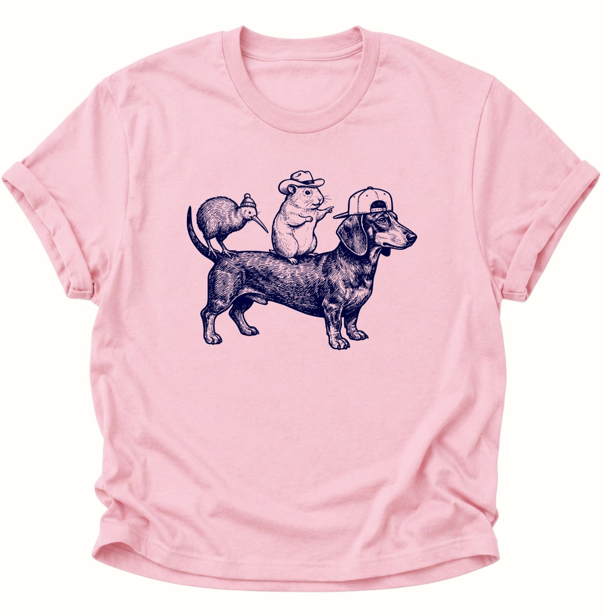 Dackel Gang mit Meerschweinchen & Kiwi Unisex T-Shirt Light Pink - PINE & RIVER