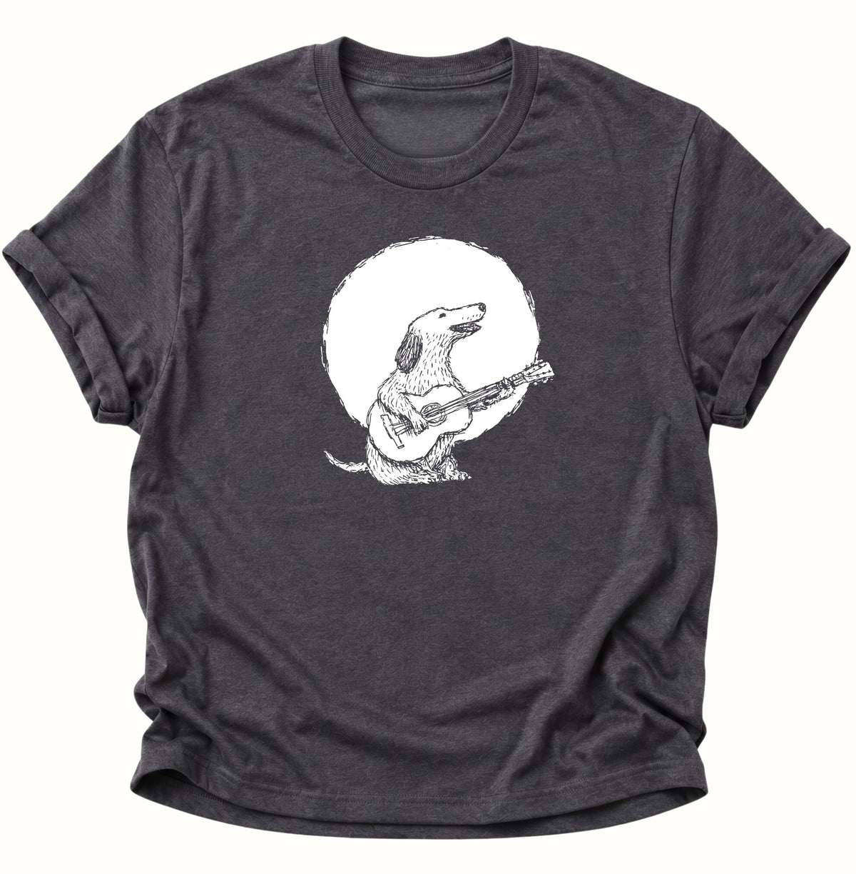 Gitarre spielender Hund im Mondschein Unisex T-Shirt Dark Heather - PINE & RIVER