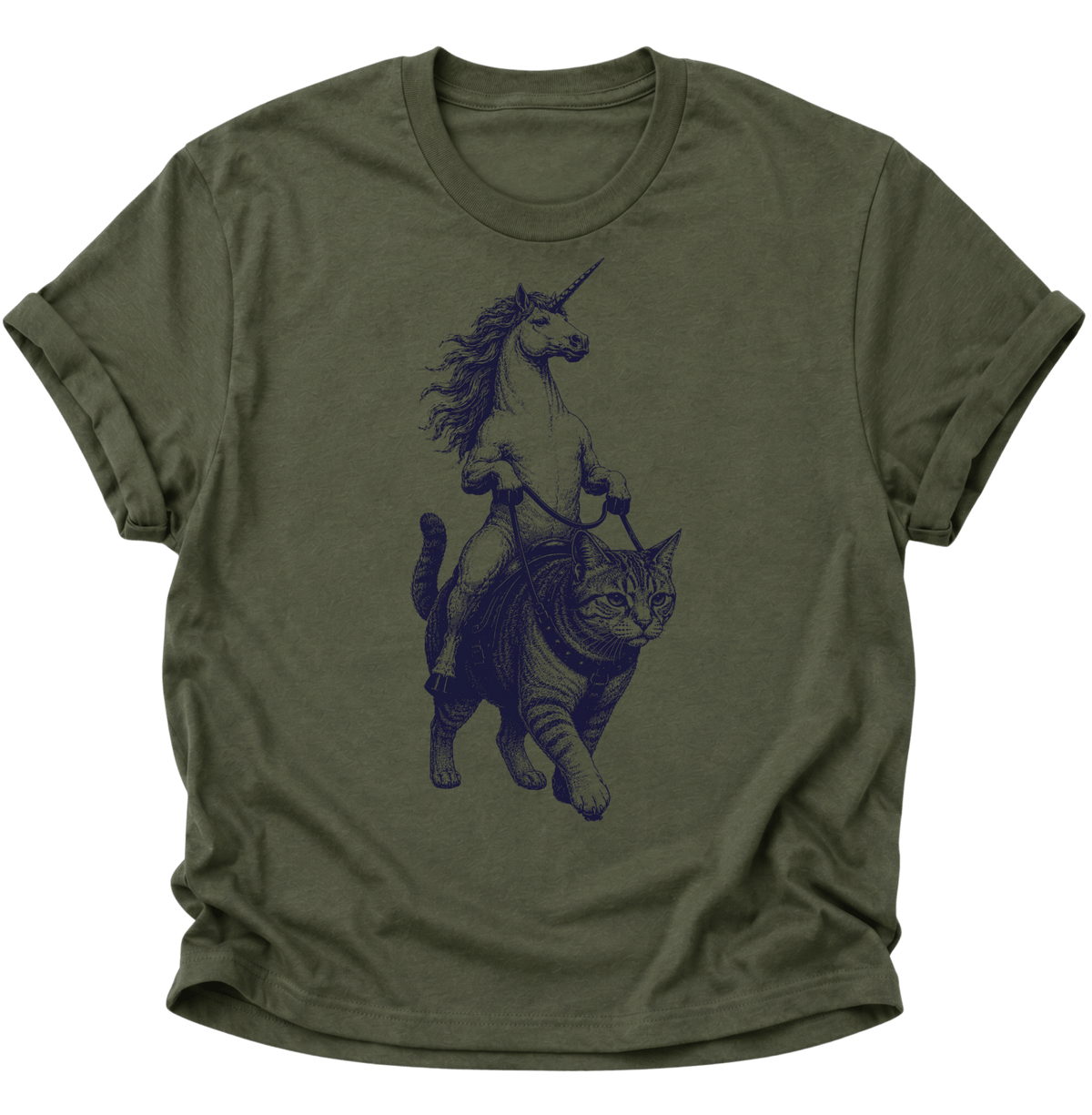 Einhorn Reitet Katze Unisex T-Shirt Military Green - PINE & RIVER