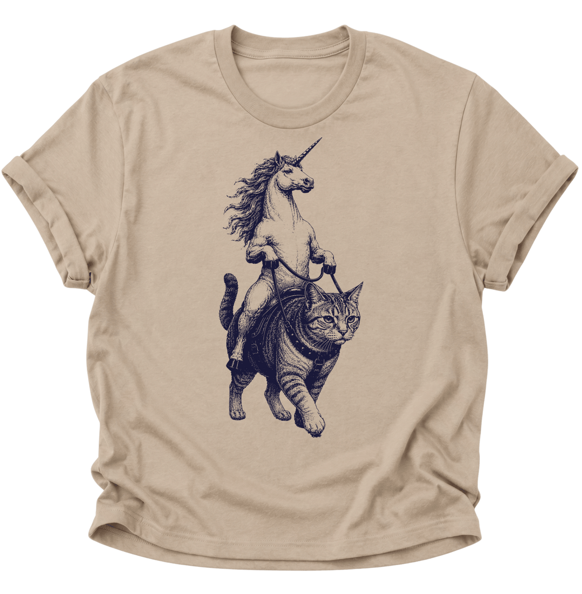 Einhorn Reitet Katze Unisex T-Shirt Sand - PINE & RIVER