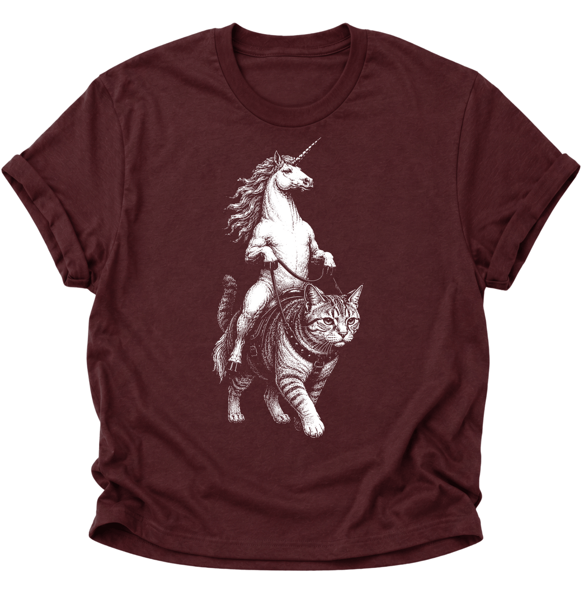 Einhorn Reitet Katze Unisex T-Shirt Maroon - PINE & RIVER