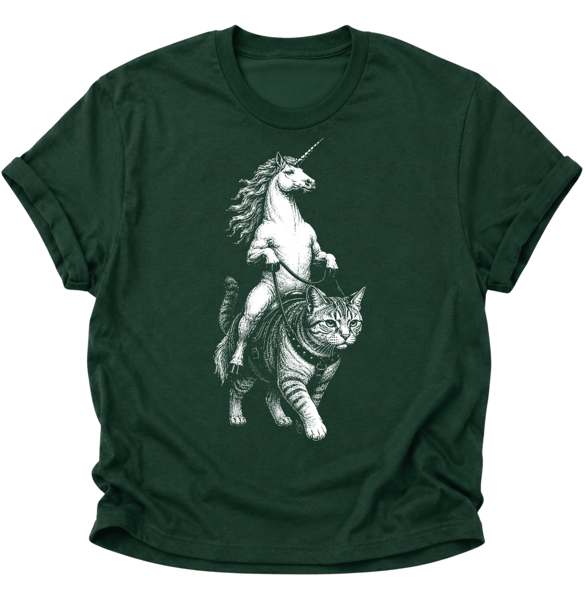 Einhorn Reitet Katze Unisex T-Shirt Forest Green - PINE & RIVER
