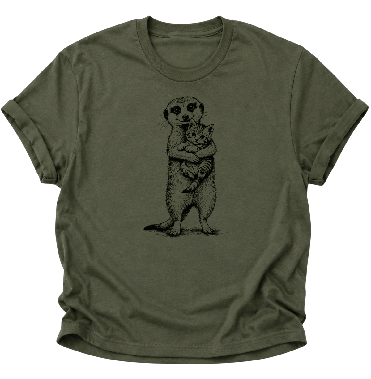 Erdmännchen mit Kätzchen Unisex T-Shirt Military Green - PINE & RIVER