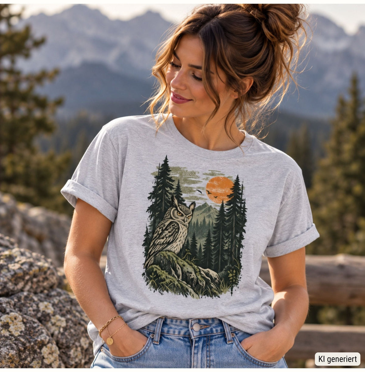 Eule im Wald bei Sonnenuntergang Unisex T-Shirt Schwarz - PINE & RIVER